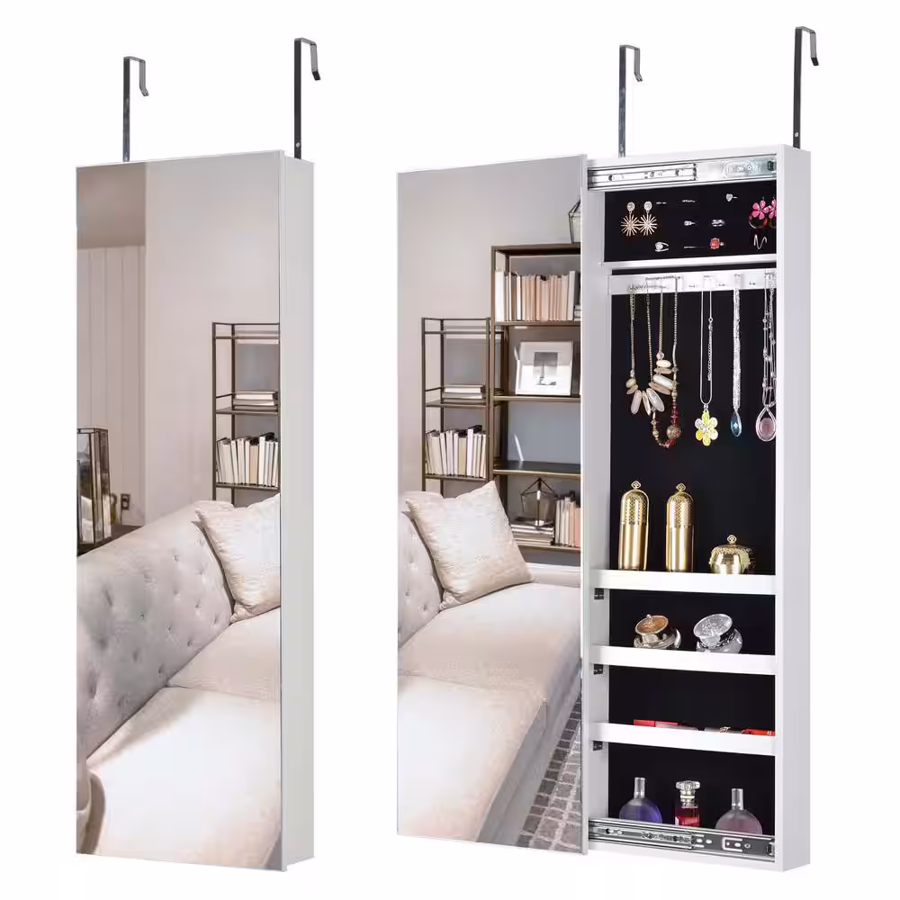 None Rectangular White MDF Full Mirror Jewelry Storage Cabinet With with Slide Rail Can Be Hung on the Door or Wall