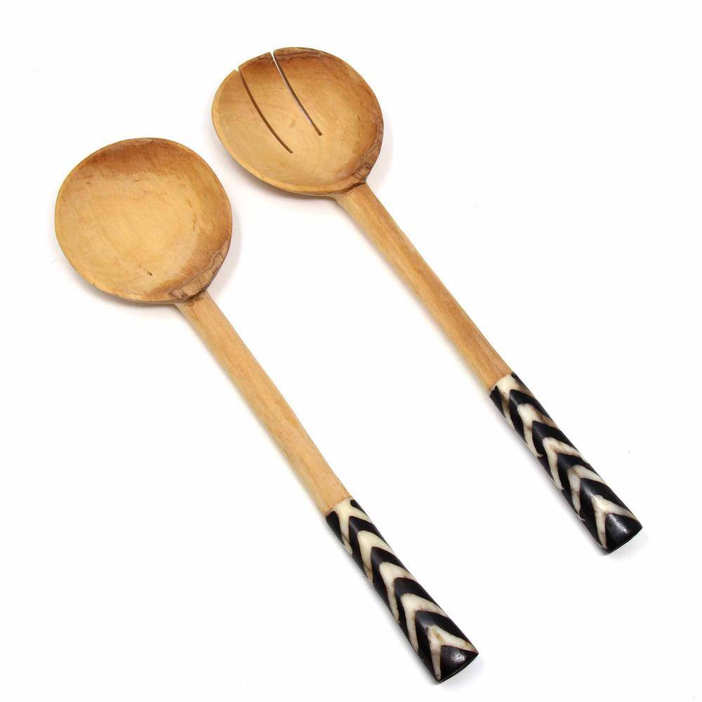 None Olive Wood Serving Set with Bone Handles Chevron Batik