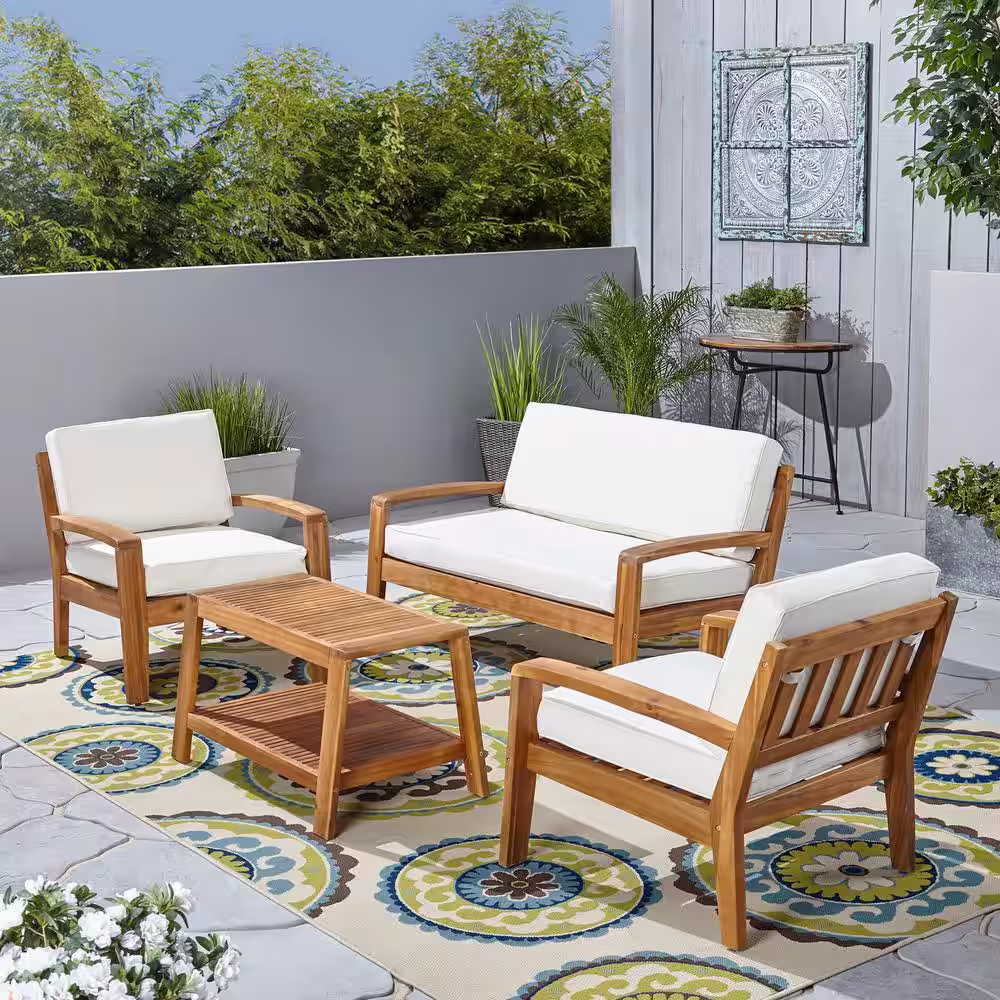 Noble House Grenada Teak 4-Piece Wood Patio Conversation Set with Beige Cushions