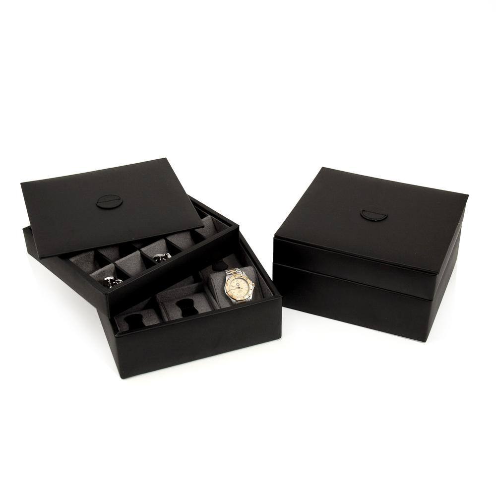 BEY-BERK Black Leather Stacked Valet for 6-Watches and 20-Cufflinks with Lid