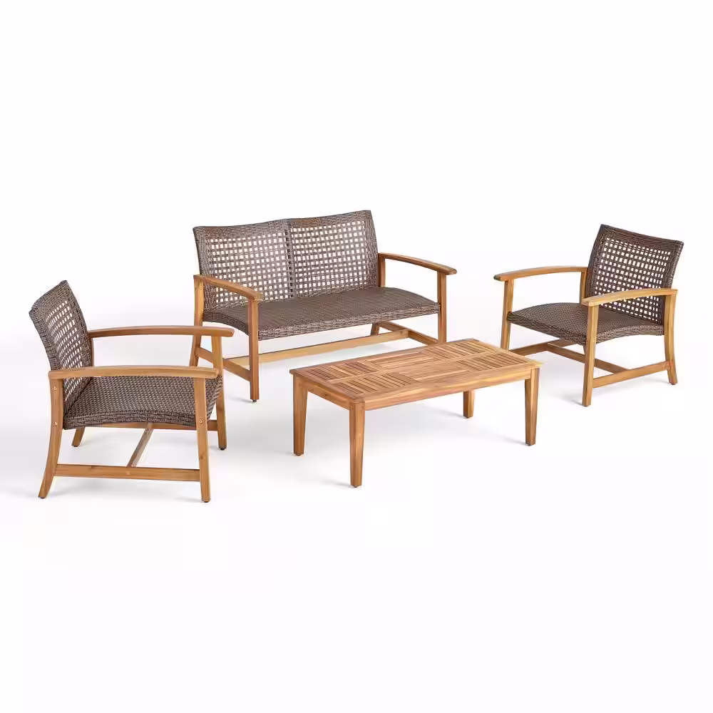 Noble House Hampton Natural 4-Piece Wood Patio Conversation Set