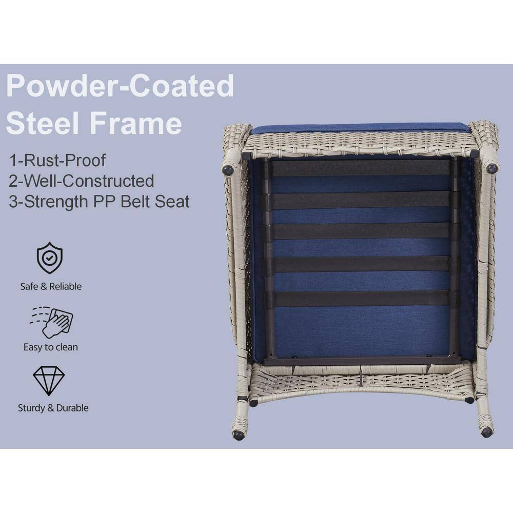 Gymojoy Carlos Grey 4-Piece Wicker Patio Conversation Set with Blue Cushions