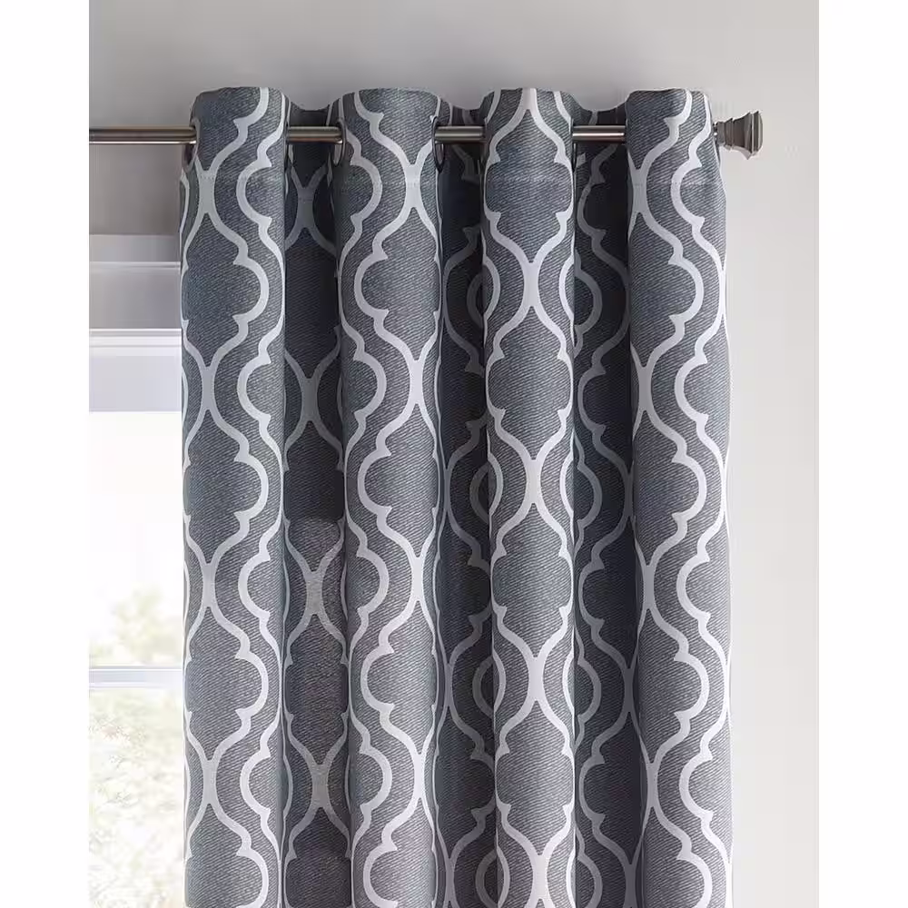 None Grey Trellis Polyester 52 in. W x 84 in. L Grommet Room Darkening Curtain Panel