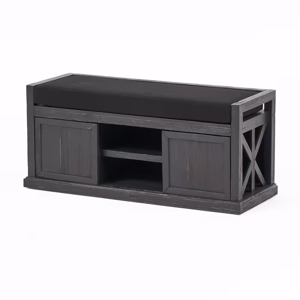 Noble House Cantebella Black Bench with Upholstered (19 in. x 43.25 in. x 15.75 in.)