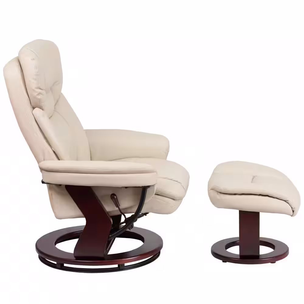 Flash Furniture Contemporary Beige Leather Recliner and Ottoman with Swiveling Mahogany Wood Base