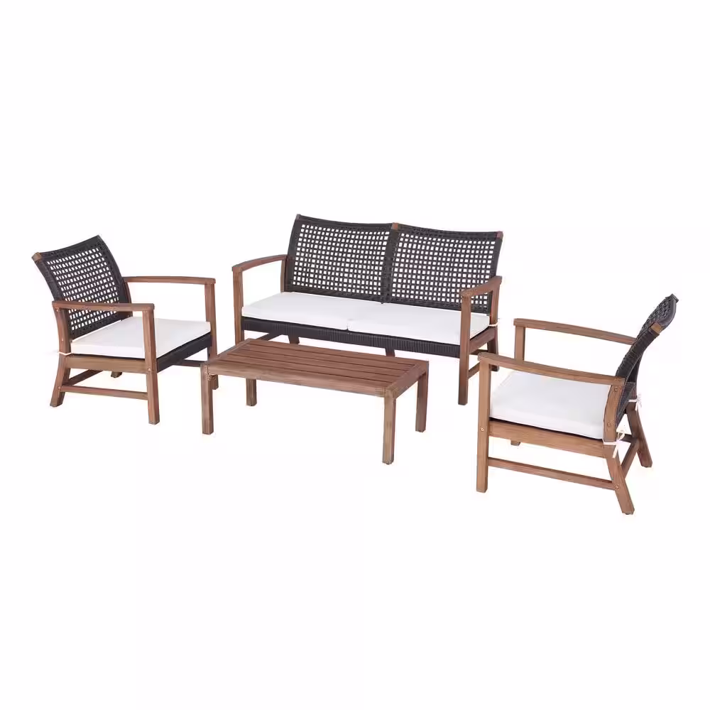 Hampton Bay Clover Cay 4-Piece Wicker Outdoor Patio Conversation Seating Set With Off-White Cushions