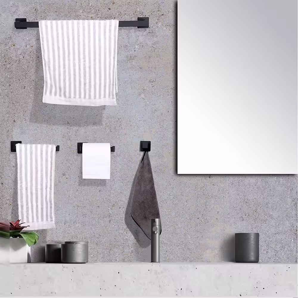ruiling 4-Piece Bath Hardware Set with Towel Bar Toilet Paper Holder Double Towel Hook in Stainless Steel Matte Black