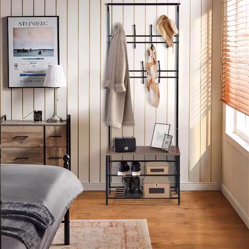 None Heavy Duty Steel Garment Rack Small Clothes Rack with Bottom Shelves Walnut & Black Color