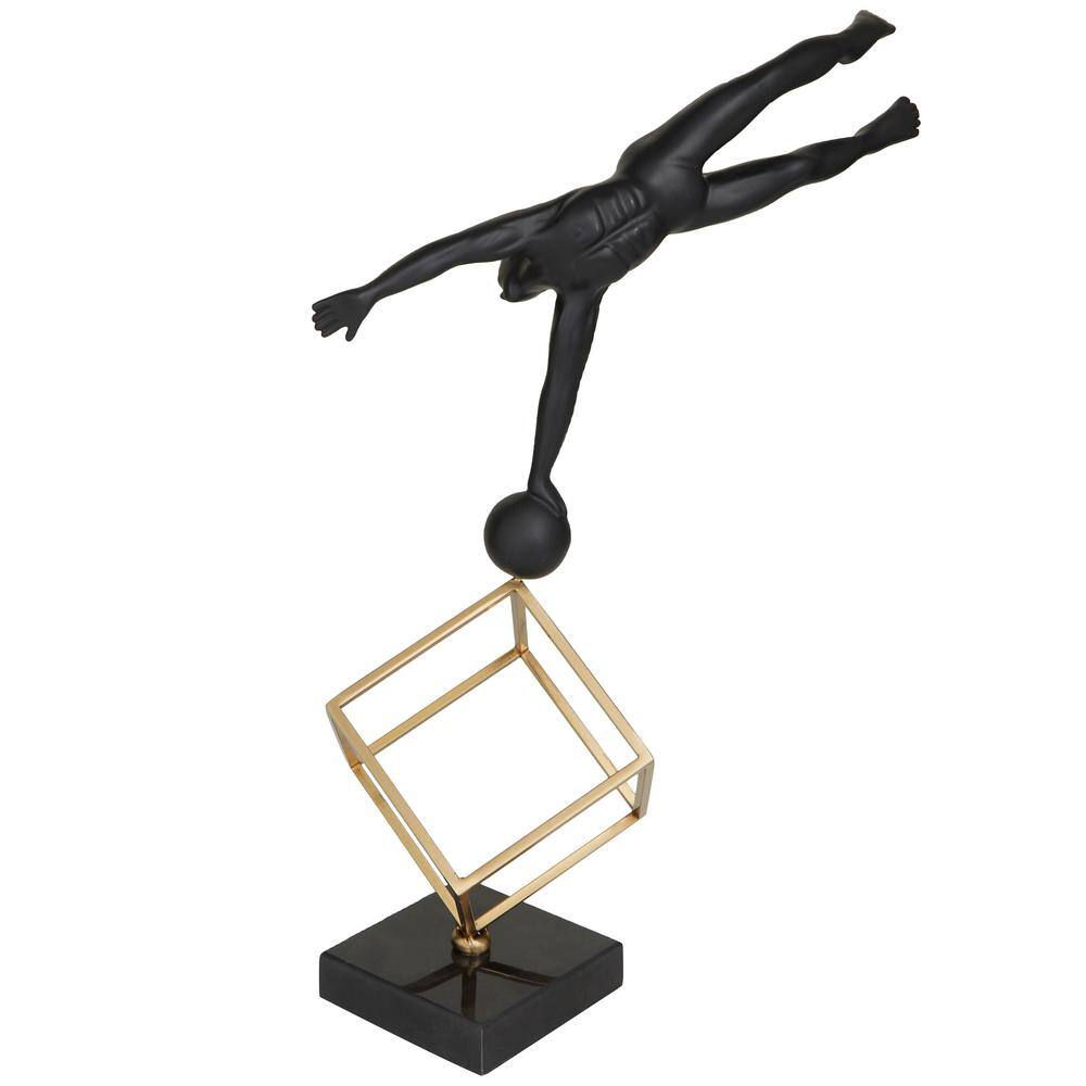 Litton Lane Black Marble Gymnast Sculpture with Gold Cube Base