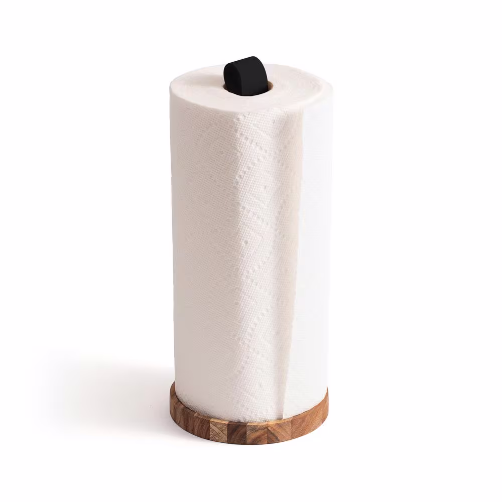 None Acacia and Leather Paper Towel Holder