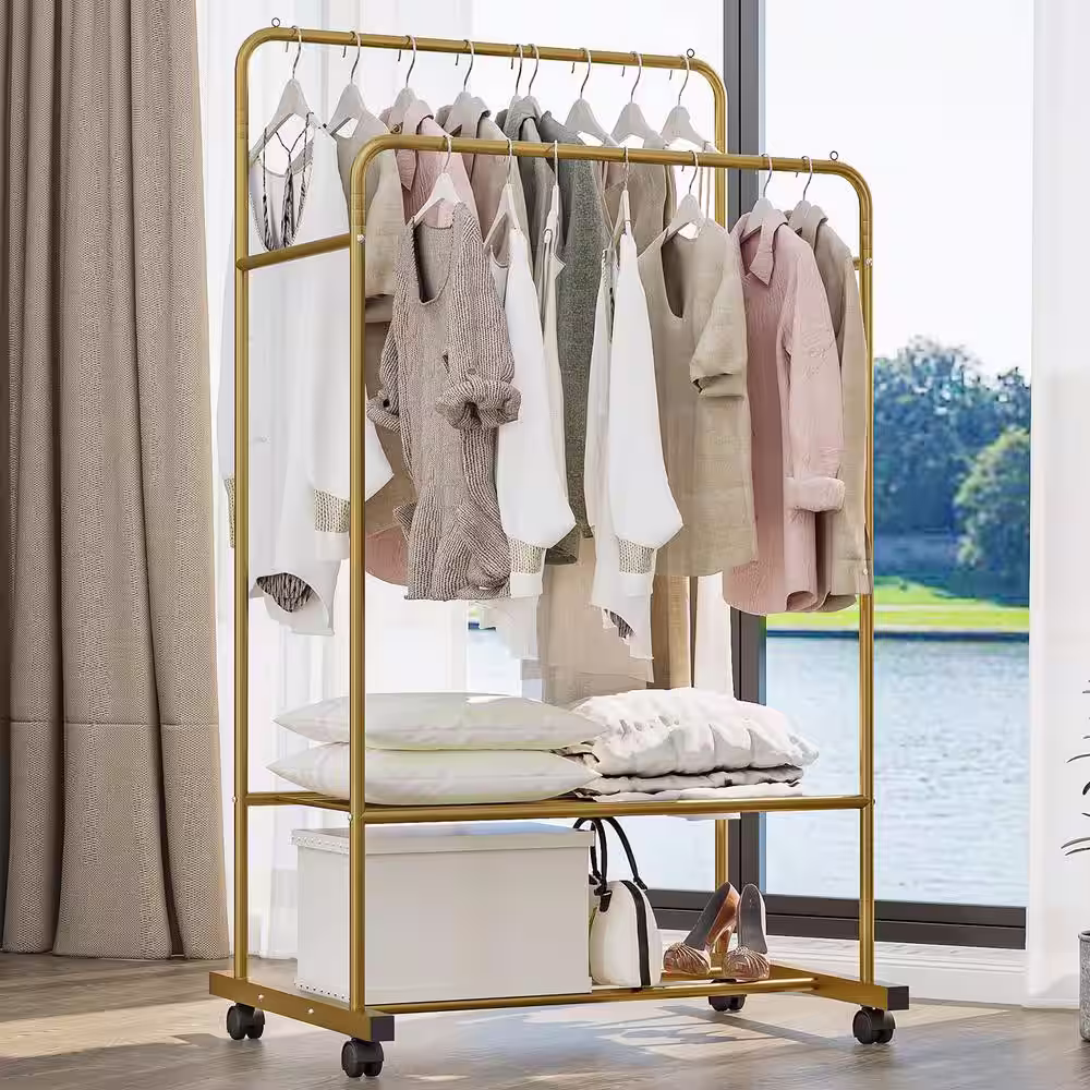 None Gold Iron Garment Clothes Rack Double Rod 31 in. W x 63 in. H