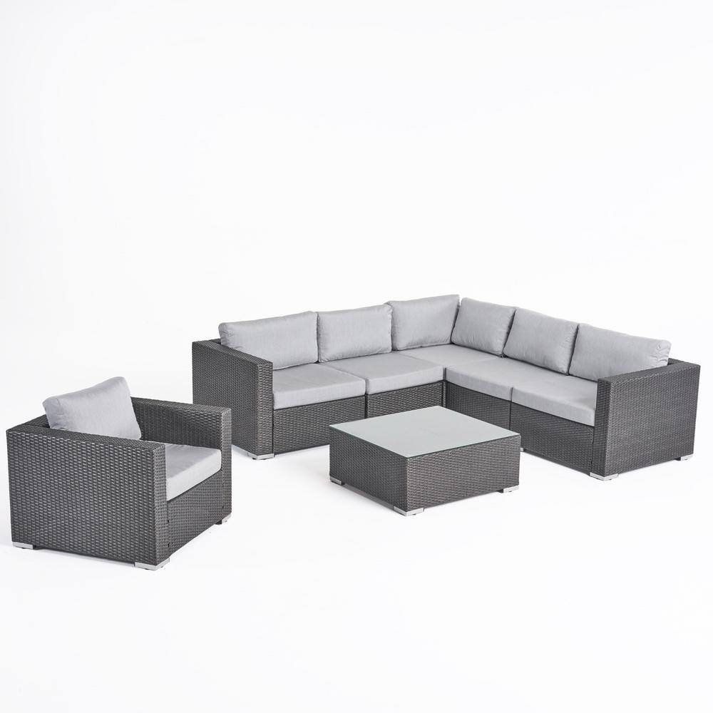 Noble House Santa Rosa Grey 7-Piece Faux Rattan Patio Conversation Sectional Seating Set with Sunbrella Canvas Granite Cushions