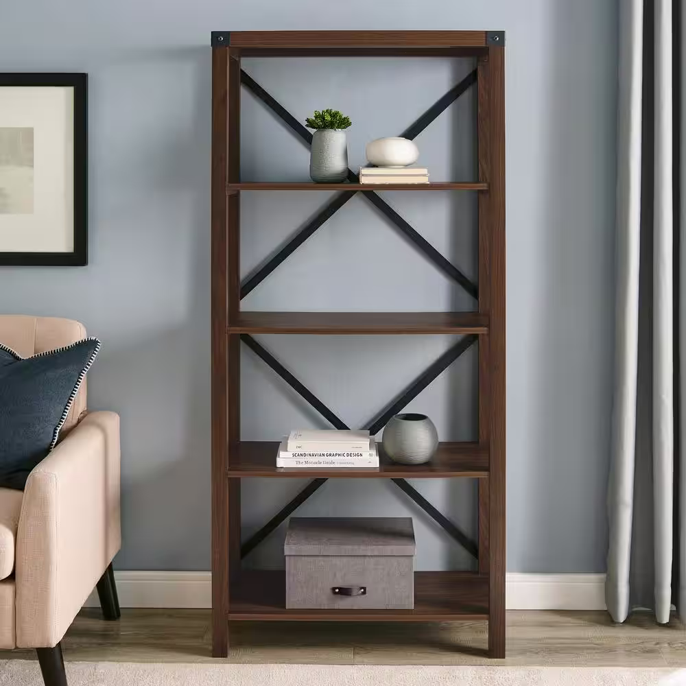 Walker Edison Furniture Company 64 in. Dark Walnut Wood 4-shelf Etagere Bookcase with Open Back