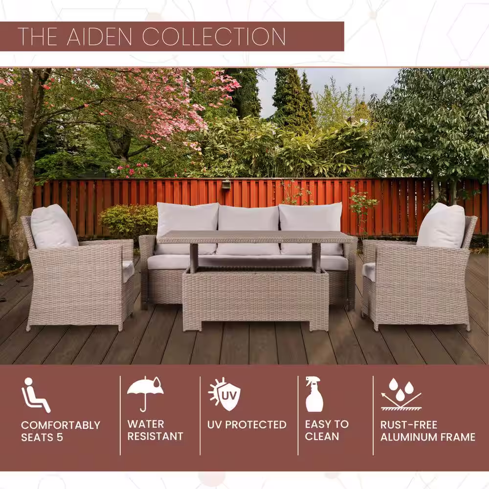 MOD Aiden 4-Piece Alunimum Patio Conversation Set with Light Grey Cushions and Adjustable Coffee Table