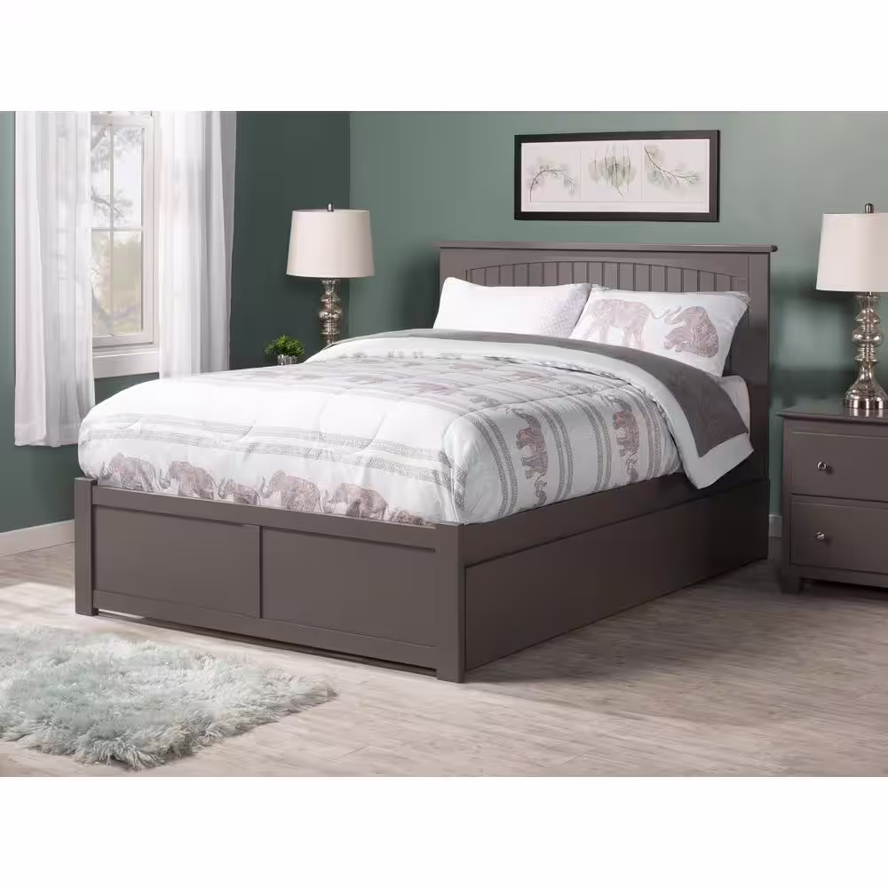 None Nantucket Gray Solid Wood Frame King Platform Bed with Twin XL Trundle and Footboard
