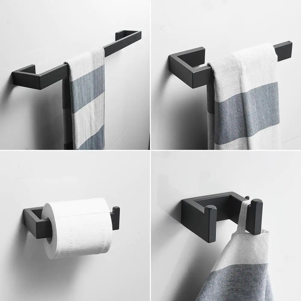 BWE 4-Piece Bath Hardware Set in Matte Black with Towel Ring Toilet Paper Holder Towel Hook and 24 in. Towel Bar