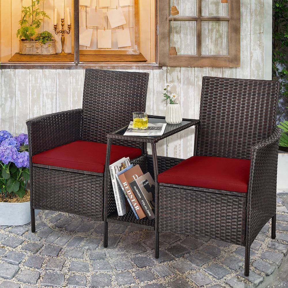Costway 1-Piece Wicker Patio Conversation Set Sofa Loveseat Glass Table with Red Cushions