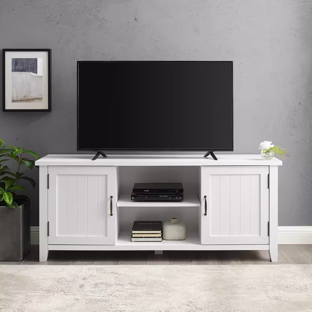 Walker Edison Furniture Company 58 in. White Wood TV Stand with Storage Doors (Max tv size 65 in.)