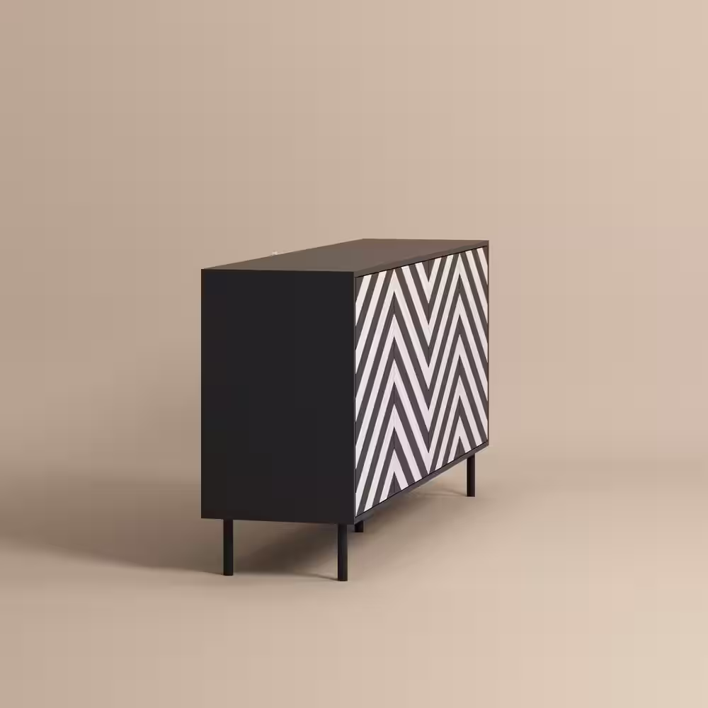 None Black and White Zebra-Stripe Wooden 63 in. Width Sideboard, Storage Cabient w/ 4 Adjustable Shelves & Press Switch Doors