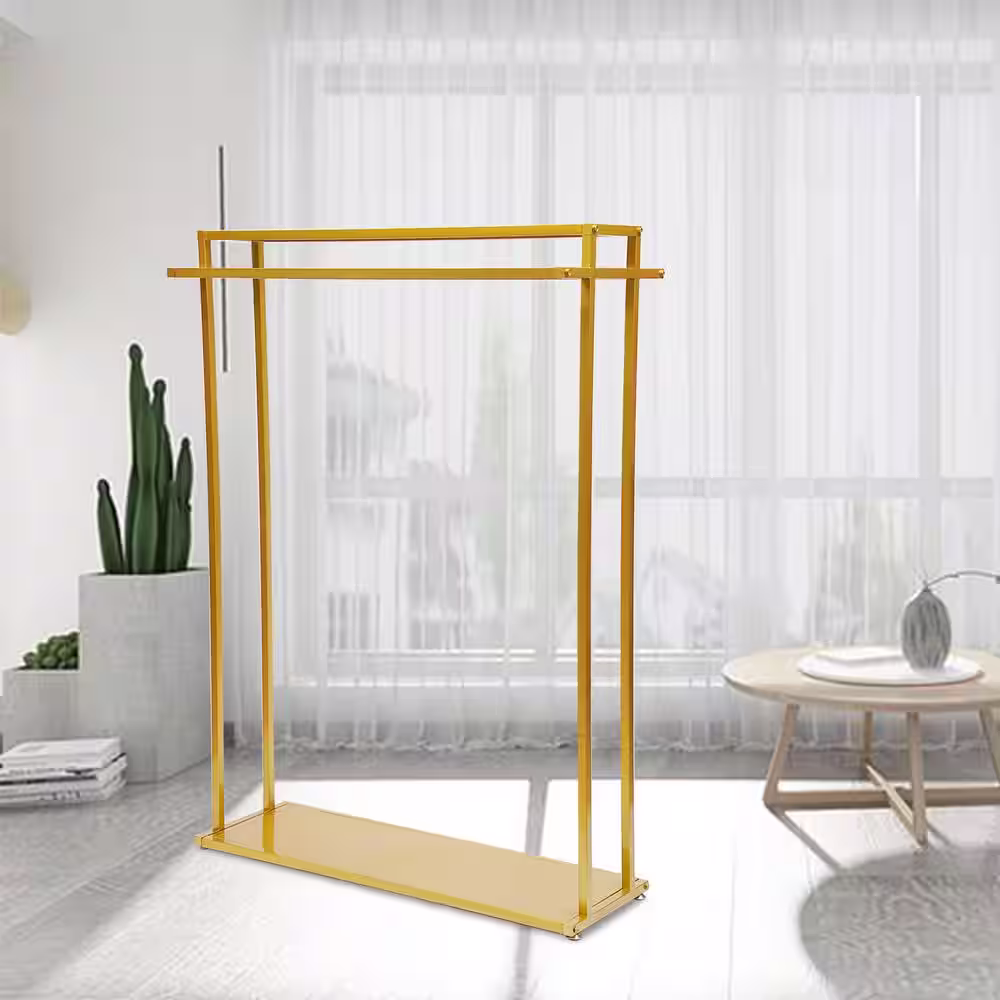 None Heavy Duty Gold Iron Floor Standing Clothes Rack with 2 Storage Shelves & 2 rods 47.2 in. W x 66.9 in. H