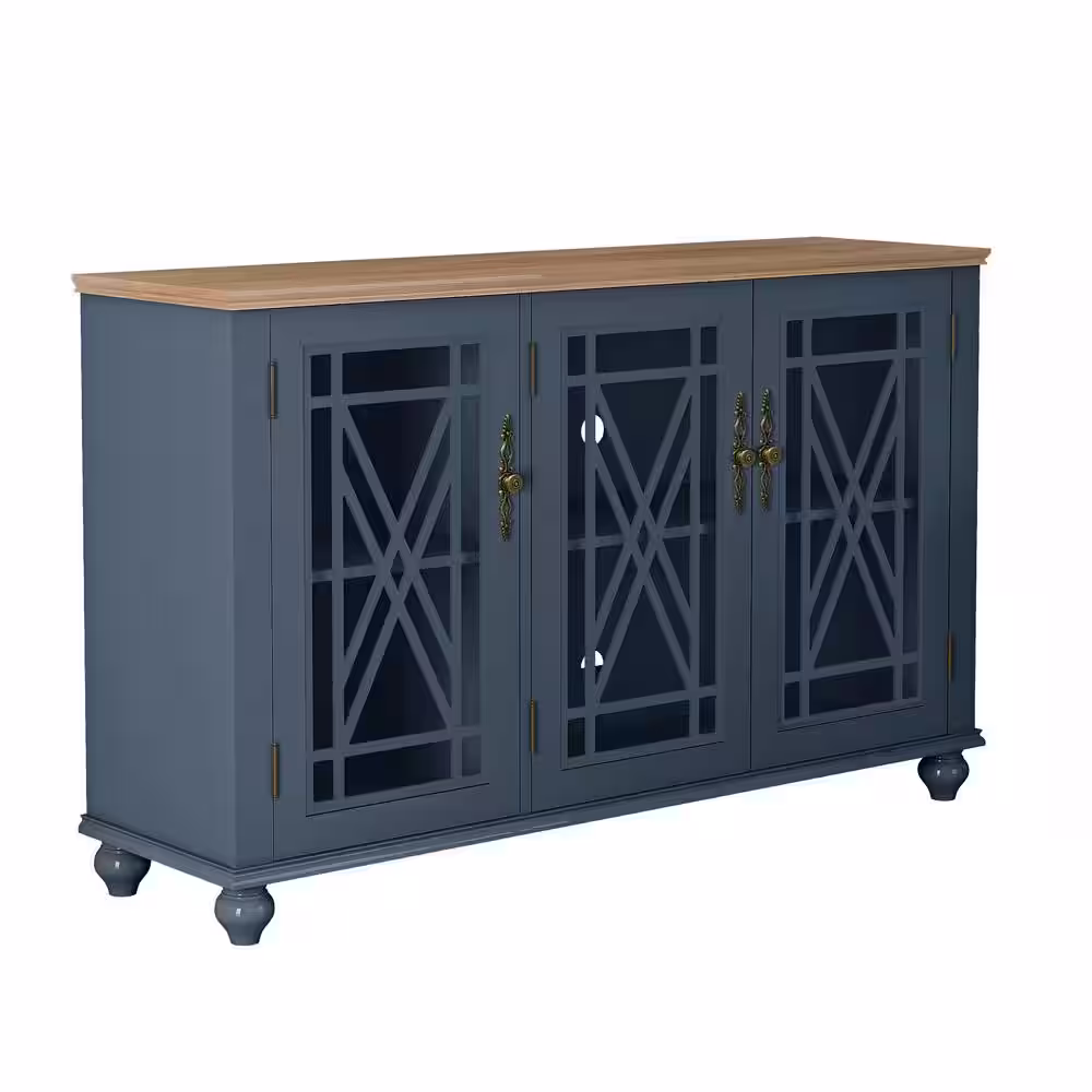 None Vintage Navy MDF 55 in. Storage Buffet Sideboard with Floral Design Doors