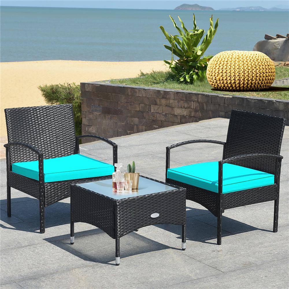 Costway 3 -Piece Patio Wicker Rattan Furniture Set Coffee Table and 2 Rattan Chair with Turquoise Cushion