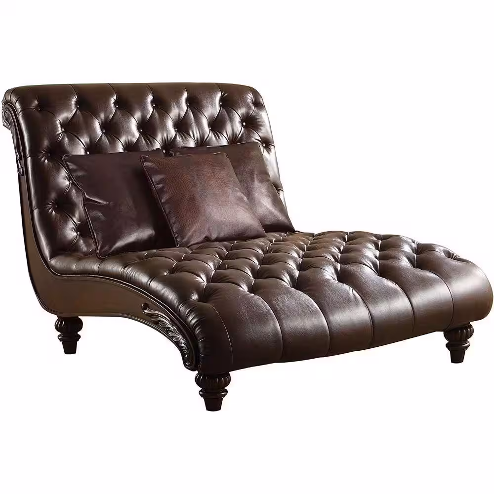 Benjara Brown Leather Upholstered Chaise with 3-Pillows