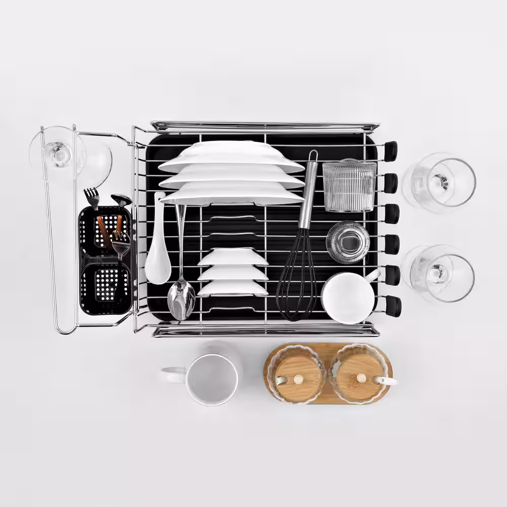 happimess Compact 17.25 in. Stainless Steel Black Fingerprint-Proof Stainless Steel Dish Rack with Wine Glass Holder