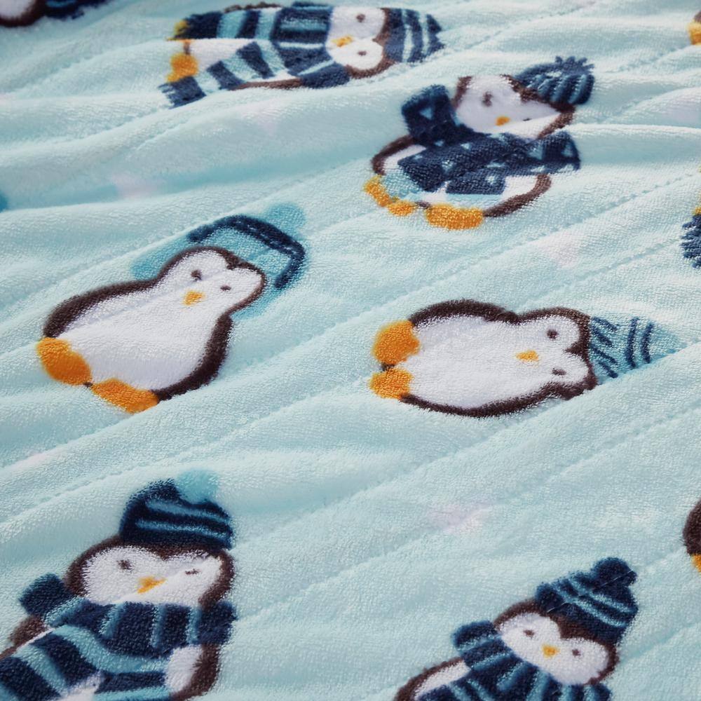 Beautyrest Overd Plush Aqua Penguins 60 in. x 70 in. Printed Heated Throw