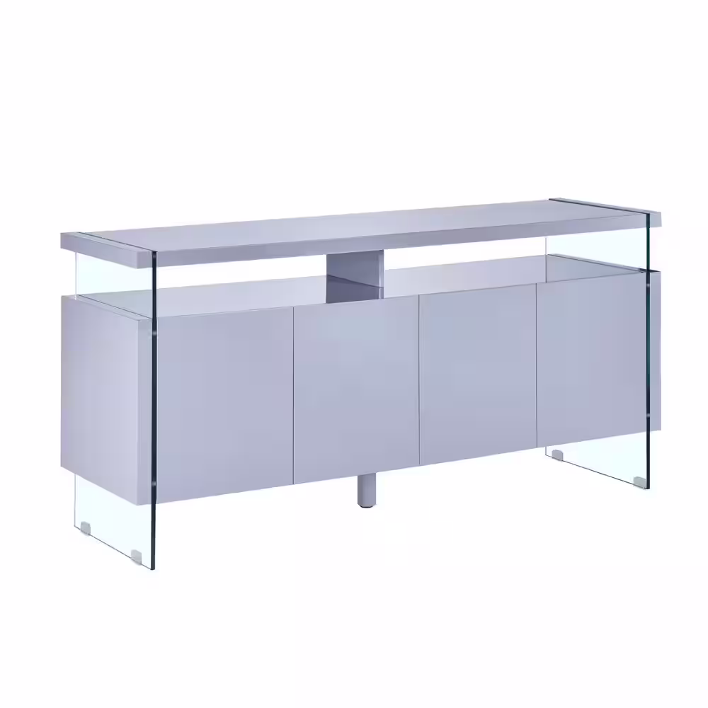 None Carly High Gloss Light Gray Wood Top 62 in. Wide Sideboard With Glass Legs