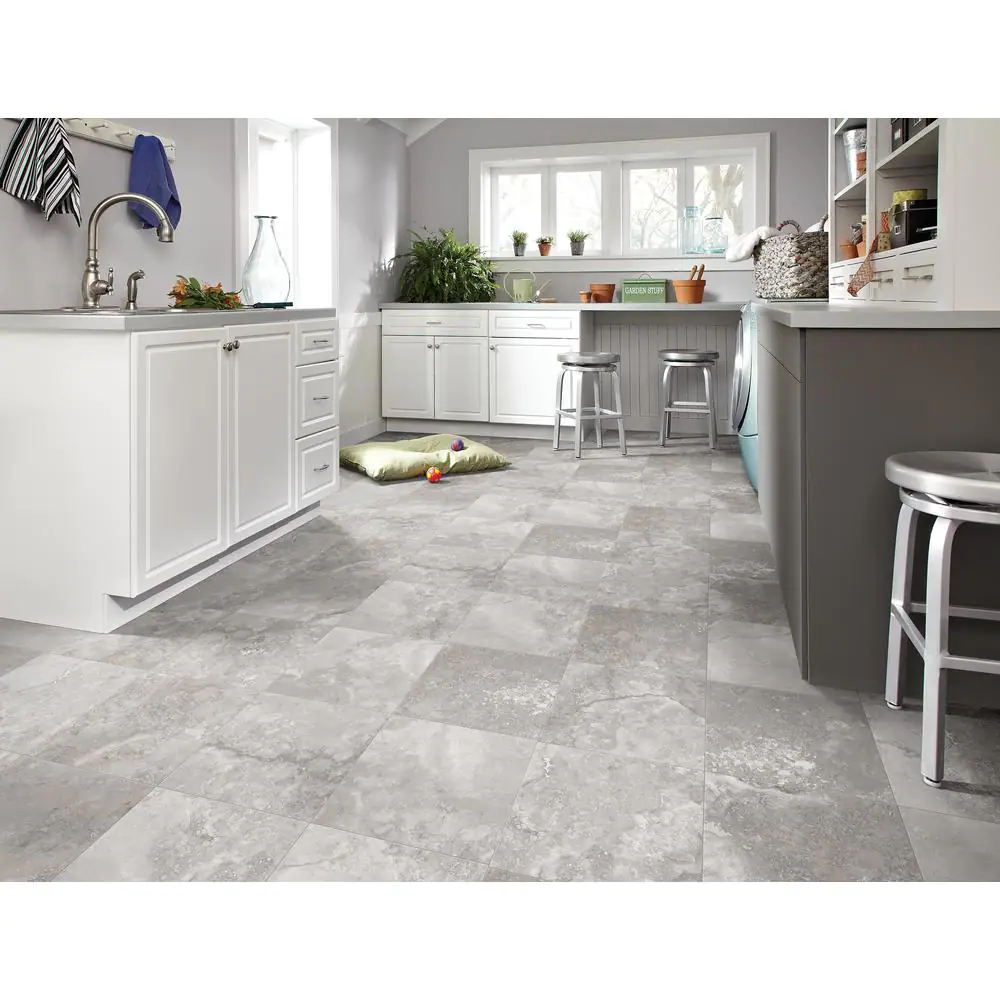 TrafficMaster Travertine Grey Stone Residential Vinyl Sheet Flooring 12ft. Wide x Cut to Length