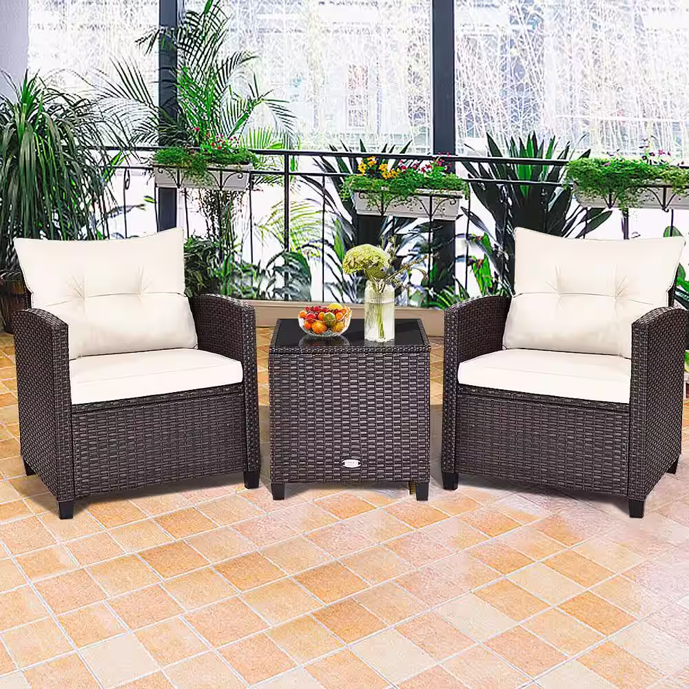 Gymax 3-Piece Wicker Outdoor Patio Conversation Set Garden Yard with Off White Cushions