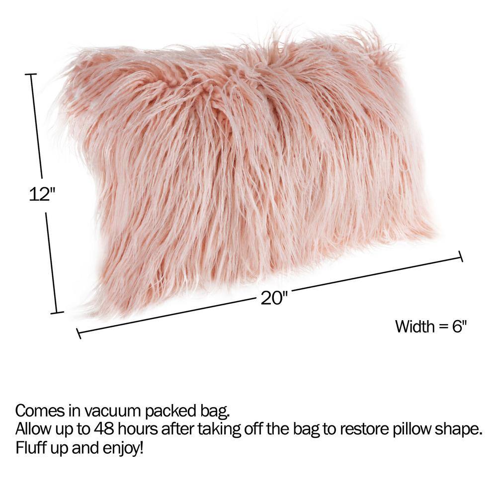 None Pink 12 in. W x 20 in. L Faux Mongolian Fur Decorative Lumbar Throw Pillow