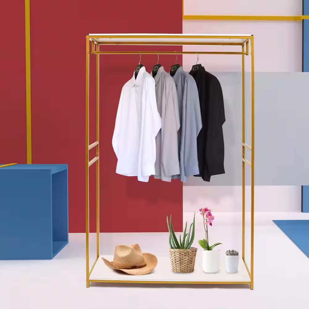 None Creative Retail Heavy Duty Metal Gold Clothes Rack Wedding Dress Display stand with Shelves 47 in. W x 74 in. H