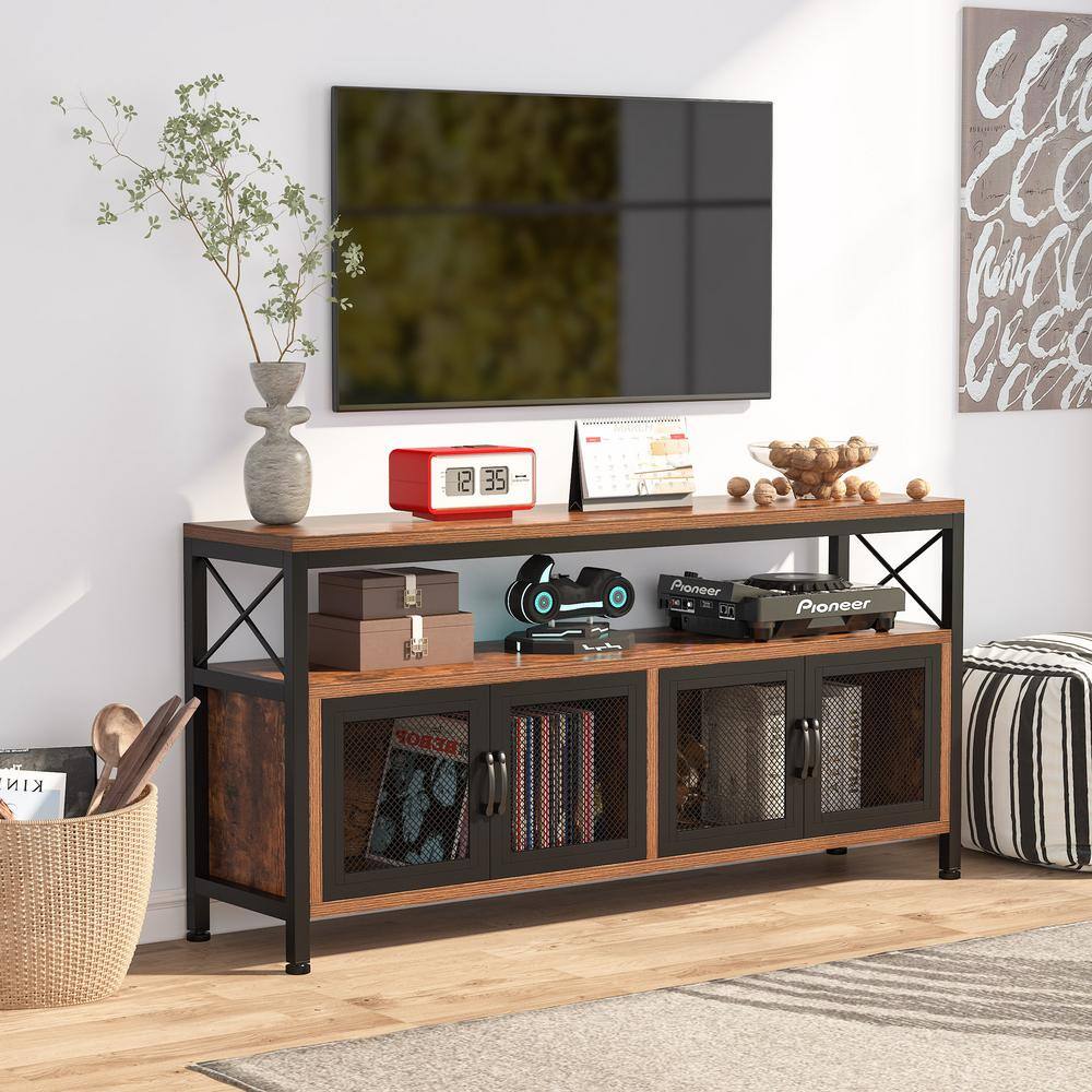 TRIBESIGNS WAY TO ORIGIN Tabor 58.66 in. Rustic Brown TV Stand with 2-Cabinets Fits TV's Up to 75 in. with Shelves and Grid Doors