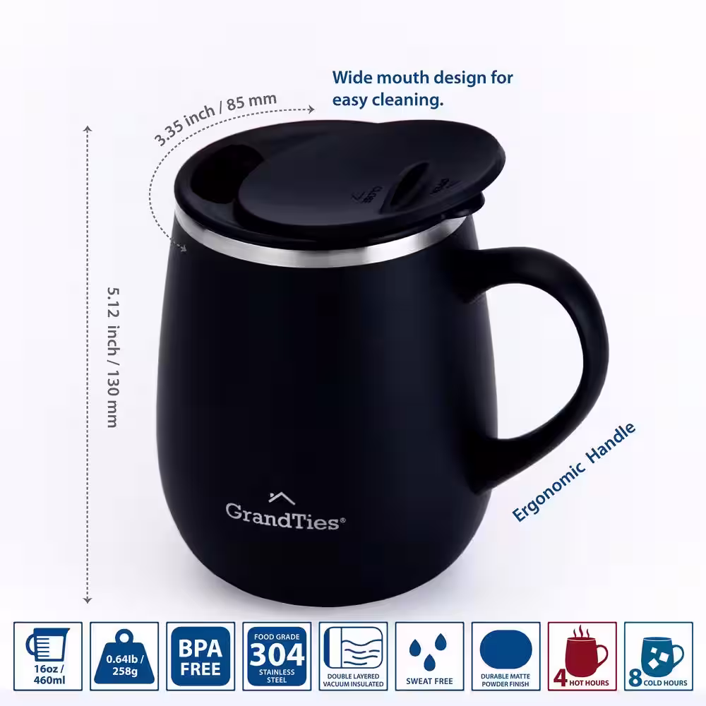 None Insulated Coffee Mug with Handle - Wine-Glass Shape Thermal Tumbler with Sliding Lid for Splash-Proof -16 oz