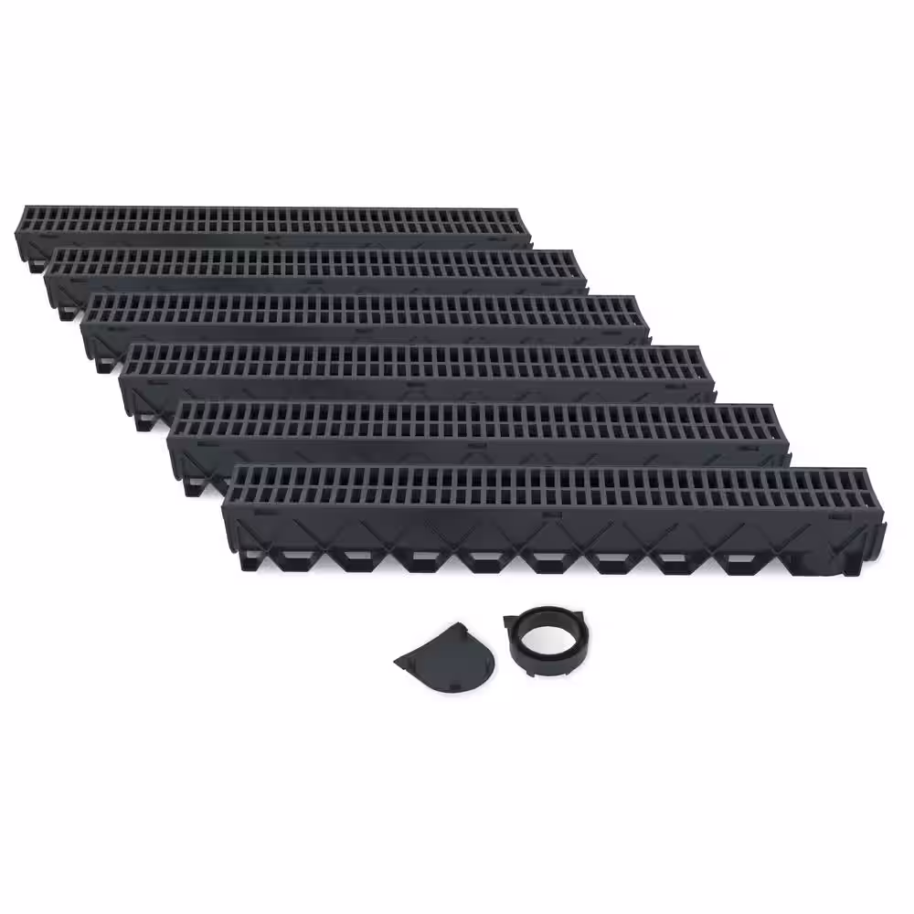 RELN Storm Drain Series 5 in. W x 5.25 in. D x 39.4 in. L Channel Drain Kit with Black Grate (6-Pack)