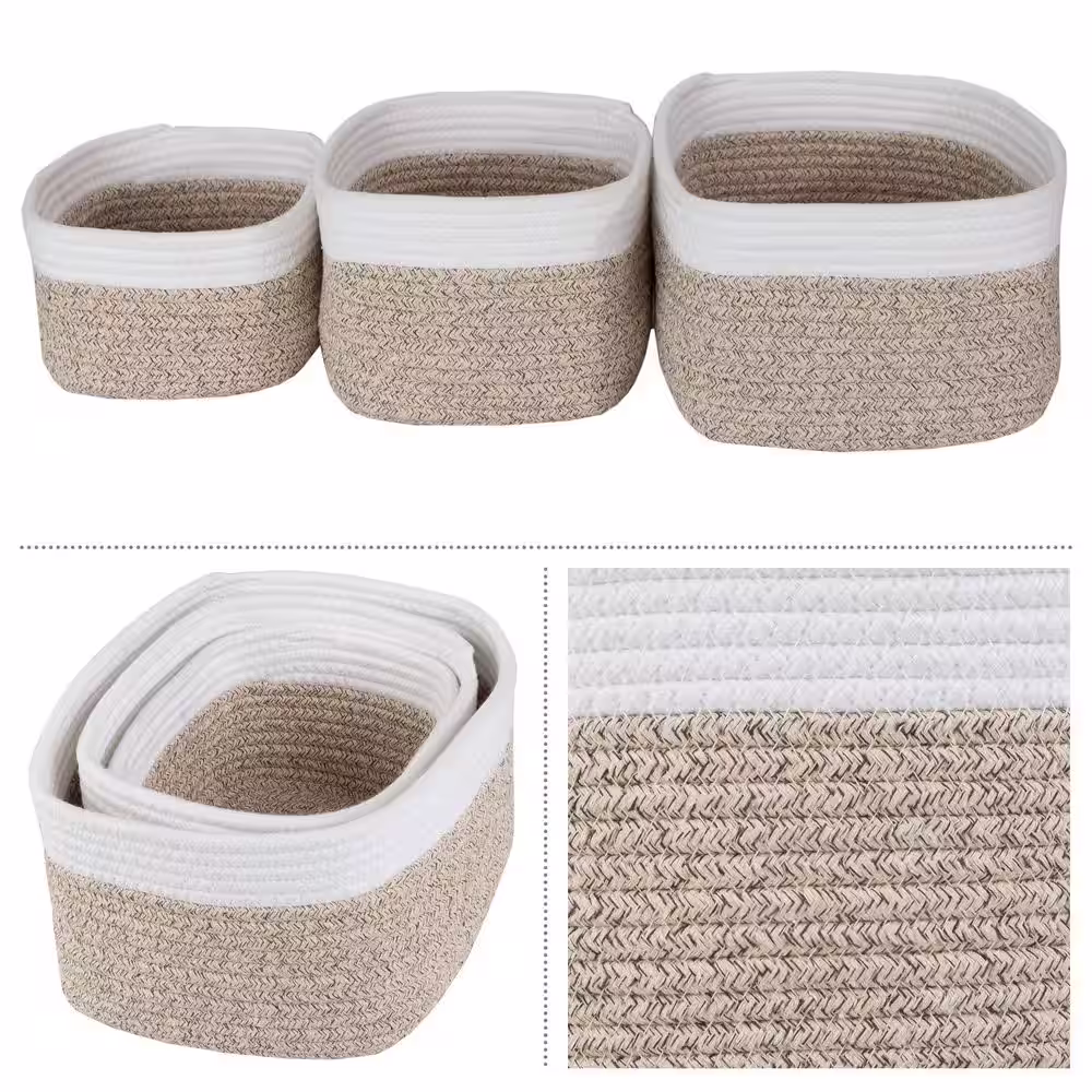 HOME-COMPLETE Tan Cube Storage Bin Rope Baskets 3-Piece Set