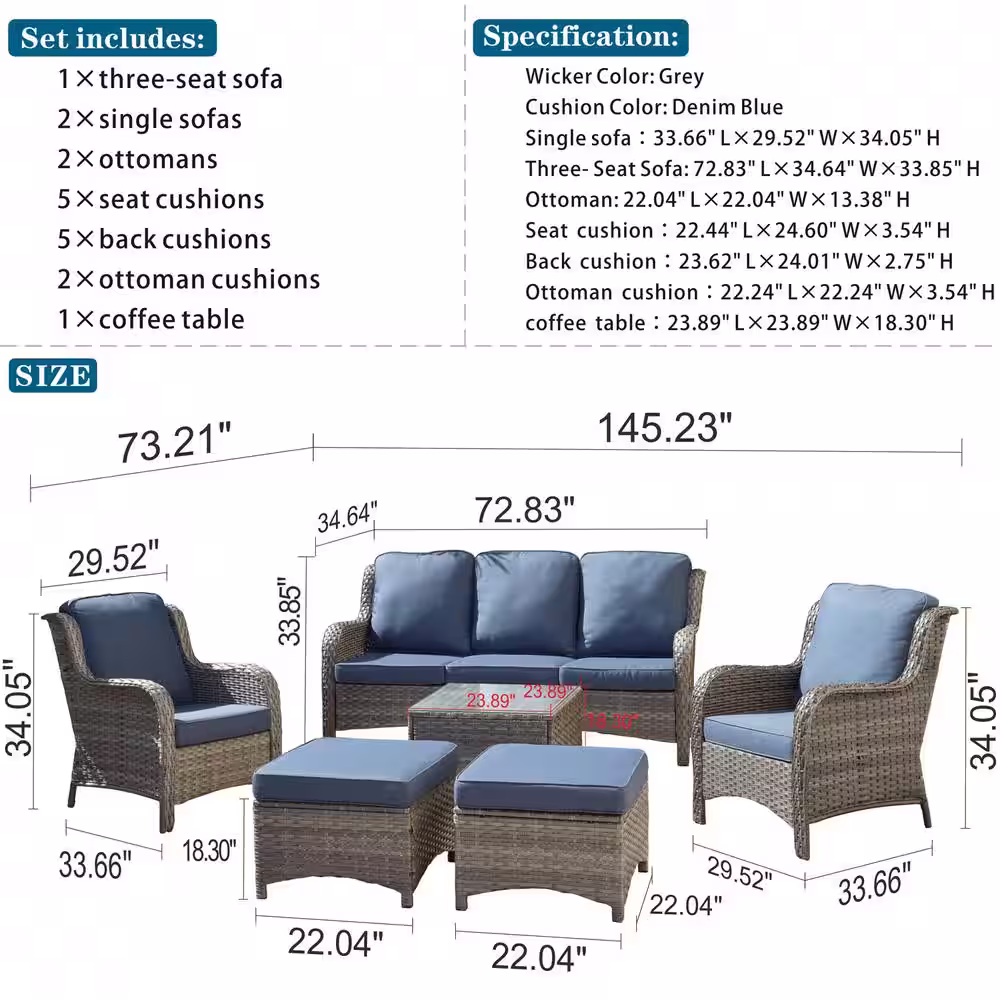 OVIOS Joyoung Gray 6-Piece Wicker Outdoor Patio Conversation Seating Set with Denim Blue Cushions