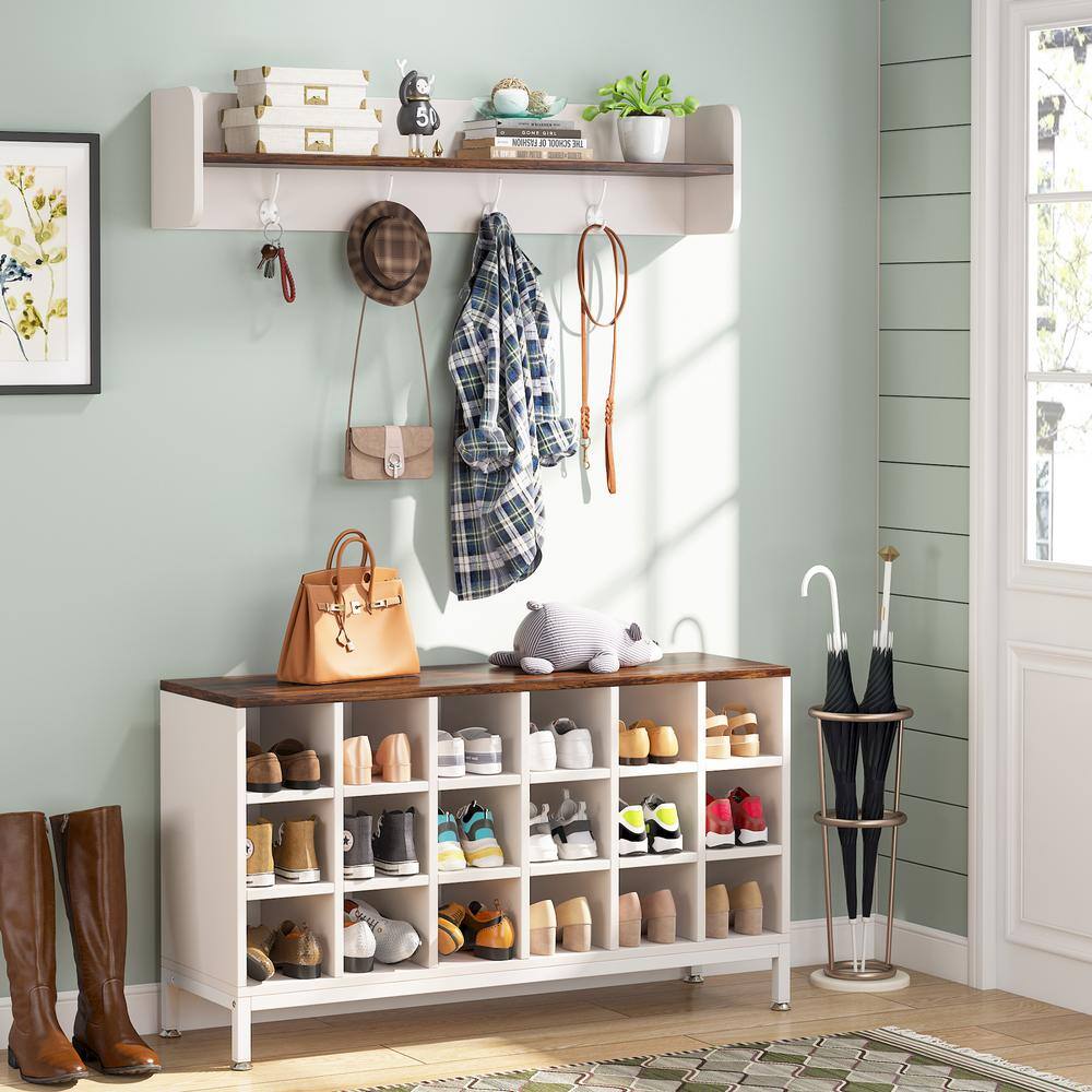 None Carmalita White and Brown Hall Tree with Shoe Cubby and Coat Rack, Shoe Rack Bench with Wall Mounted Shelf and Hooks