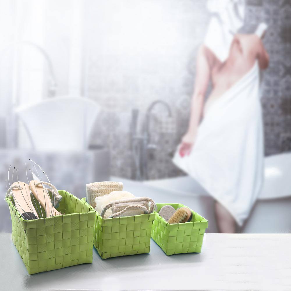 None 4.2 in. H x 5.3 in. W x 7.8 in. D Lime Green Checkered Woven Strap Cube Storage Bin Baskets Totes Set of 3