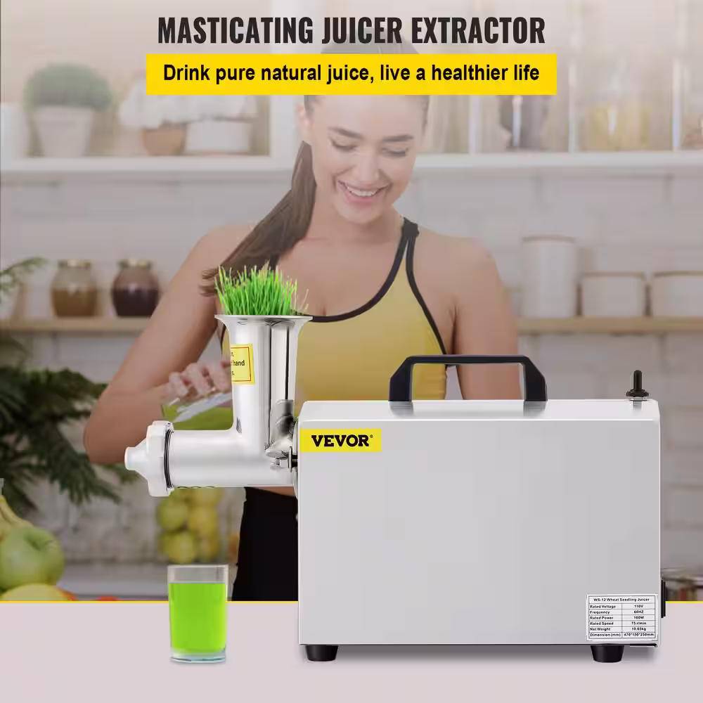 VEVOR Commercial Wheatgrass Juicing Machine 80% Juice Yield Stainless Steel Portable Cold Press with 100-Watt 75RPM Motor