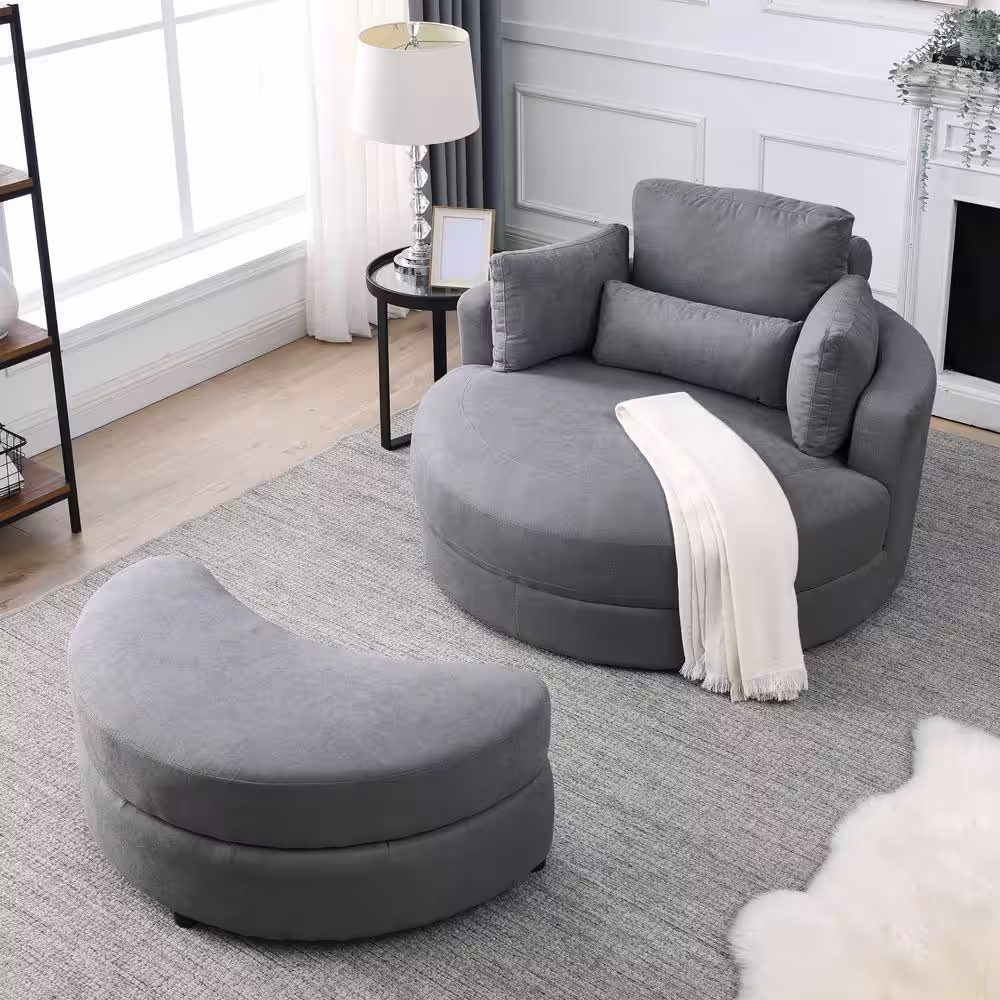Magic Home 51 in. Swivel Accent Barrel Sofa Linen Fabric Lounge Club Big Round Chair with Storage Ottoman and Pillows, Dark Gray