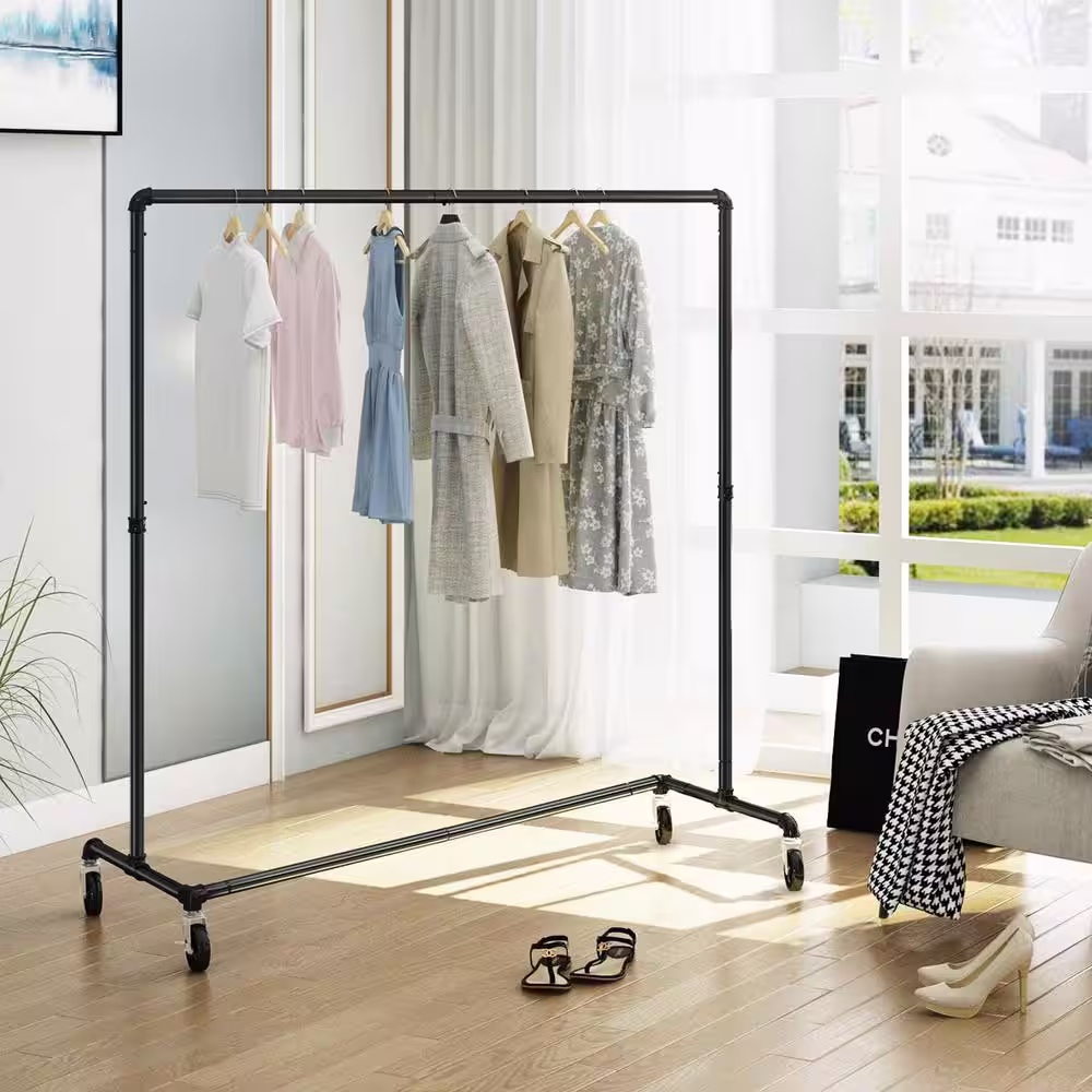 None Black Metal Garment Clothes Rack 59 in. W x 63 in. H