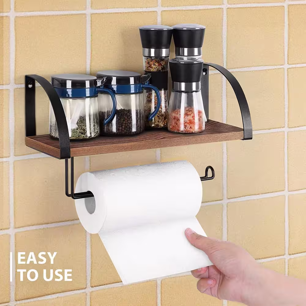 None Wall Mounted Paper Towel Holder with Wood Shelf, Rustic Brown
