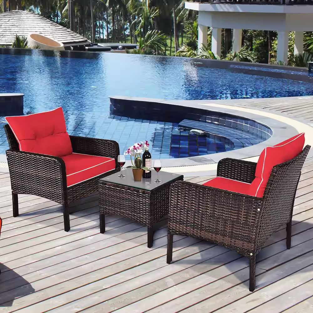 Costway 3-Piece Rattan Wicker Outdoor Patio Conversation Set Sofa Chair with Red Cushions