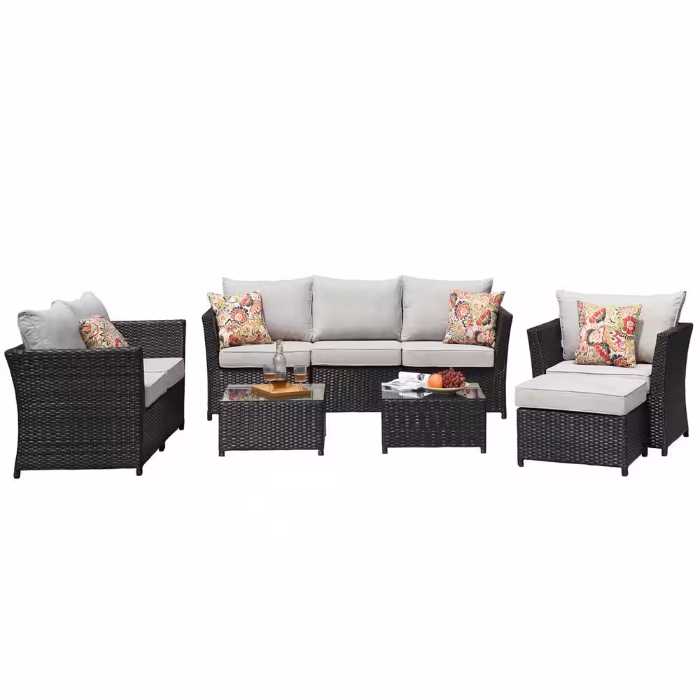 XIZZI Huron Gorden Brown 9-Piece Wicker Outdoor Patio Conversation Sectional Sofa Set with Beige Cushions And Table
