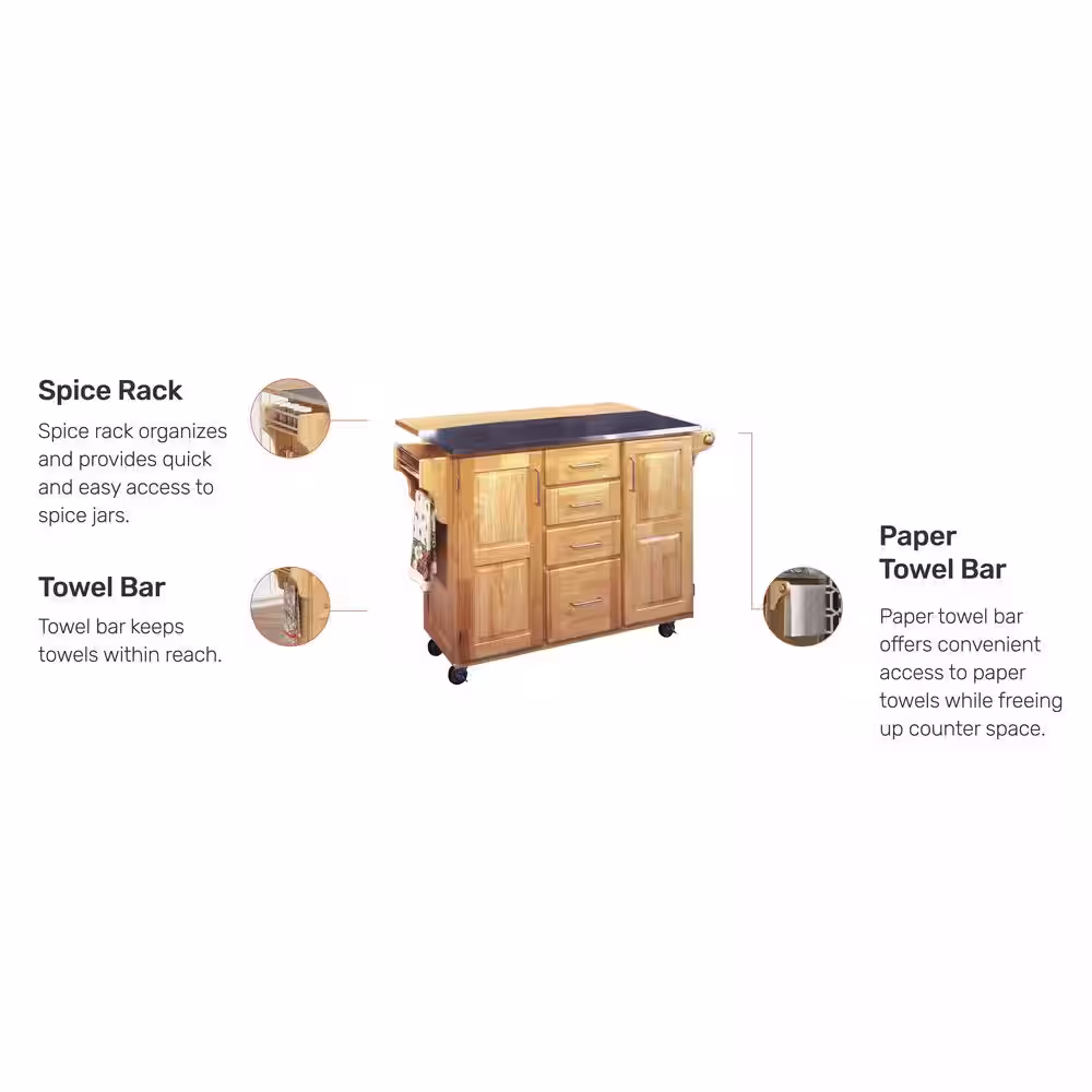 HOMESTYLES Natural Wood Kitchen Cart with Stainless Top and Breakfast Bar