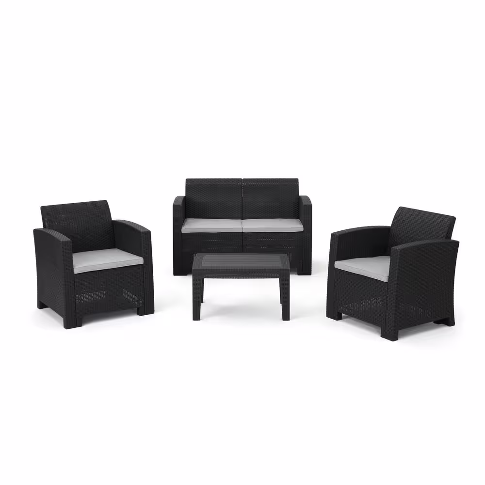 Noble House Charcoal 4-Piece Faux Wicker Patio Conversation Set with Light Gray Cushions