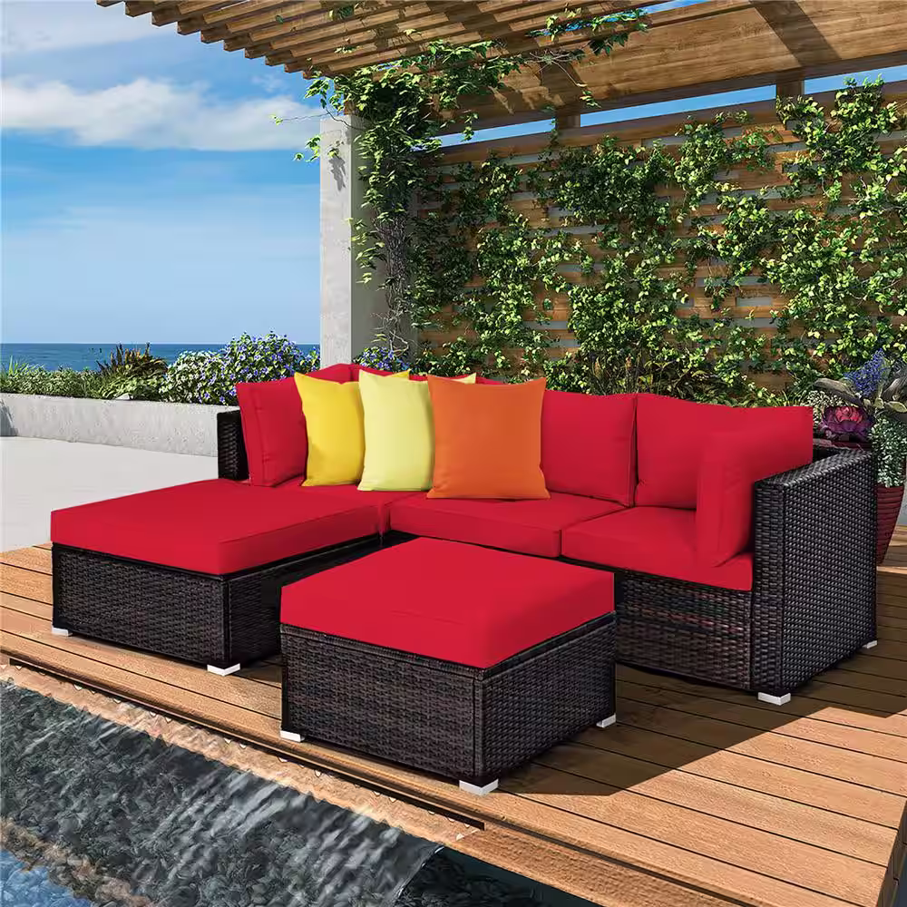 Costway 5-Piece Wicker Patio Conversation Sectional Seating Set with Red Cushions